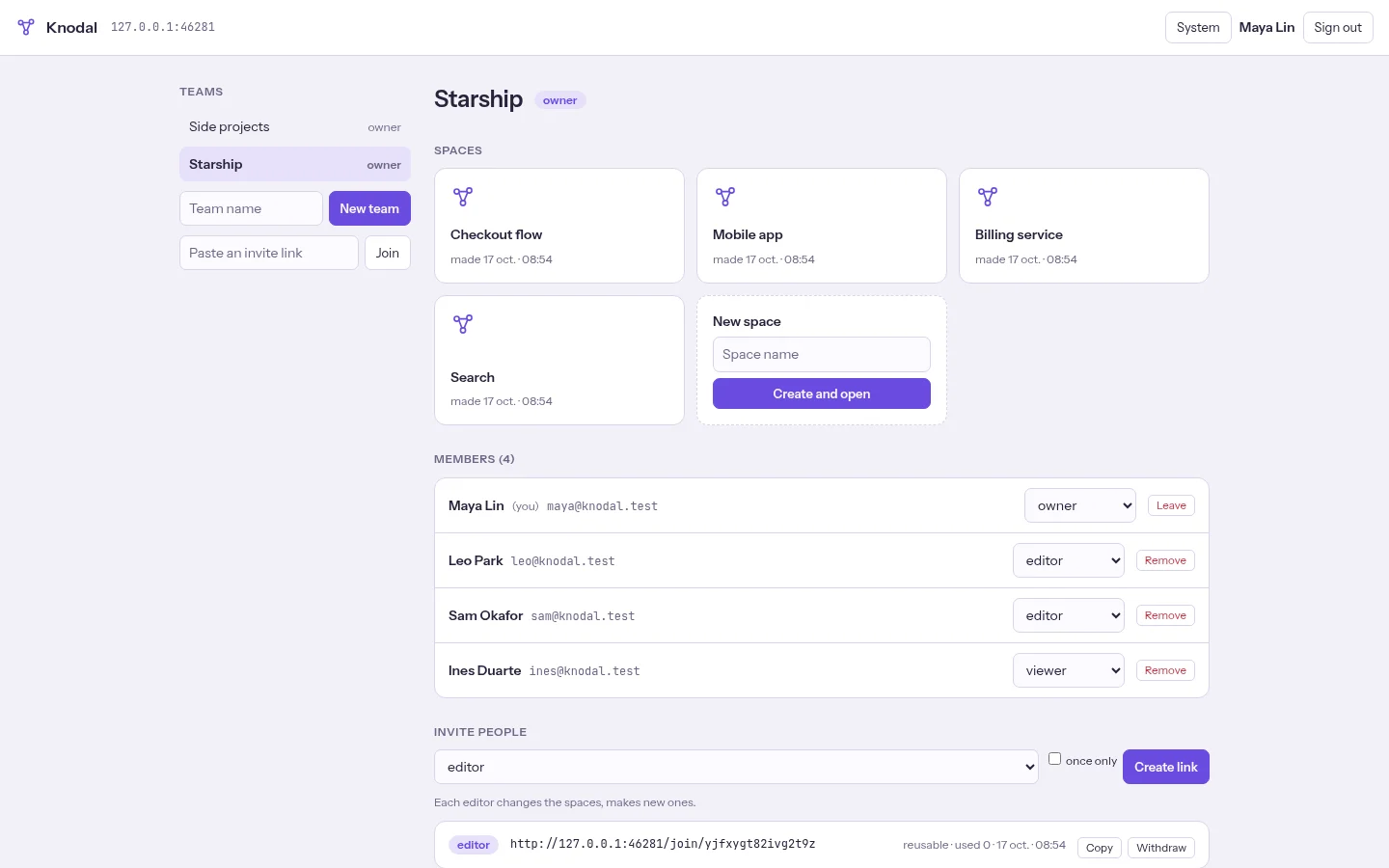 A team called Starship: four spaces as cards, its members with their roles, an invite link